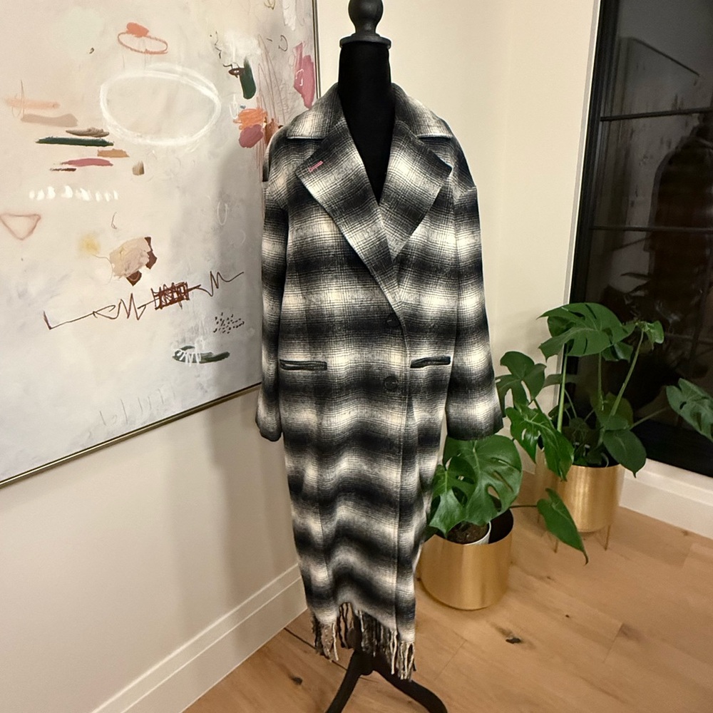 Avec Les Filles Plaid Coat with Pink Accents and Fringe
